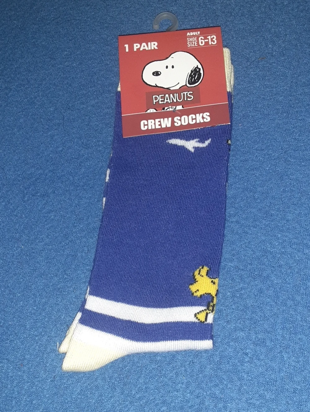 Peanuts Purple Crew Socks with White Stripes and Yellow Woodstock